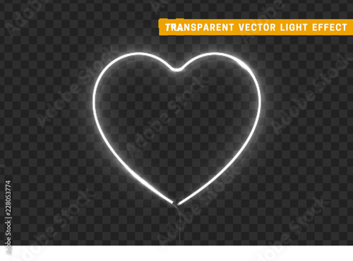 Neon light white heart with transparent background.