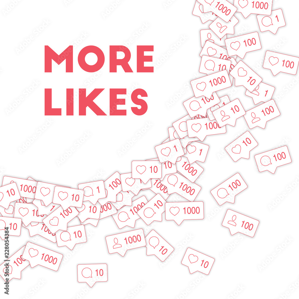Social media icons. More likes concept. Falling counter comment friend notification. Nice big radian