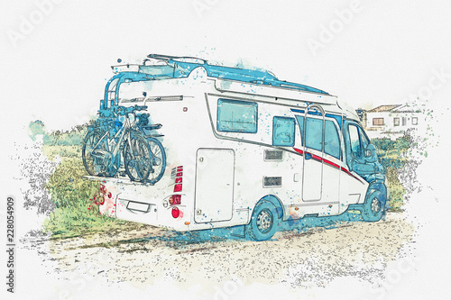A watercolor sketch or an illustration. A motor home or a house on wheels is parked on the side of the road. Road trip or traveling by car.
