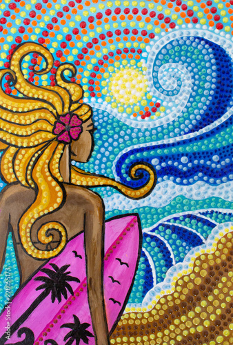 Painting, Girl surfer on the beach with surfboard, bright colors