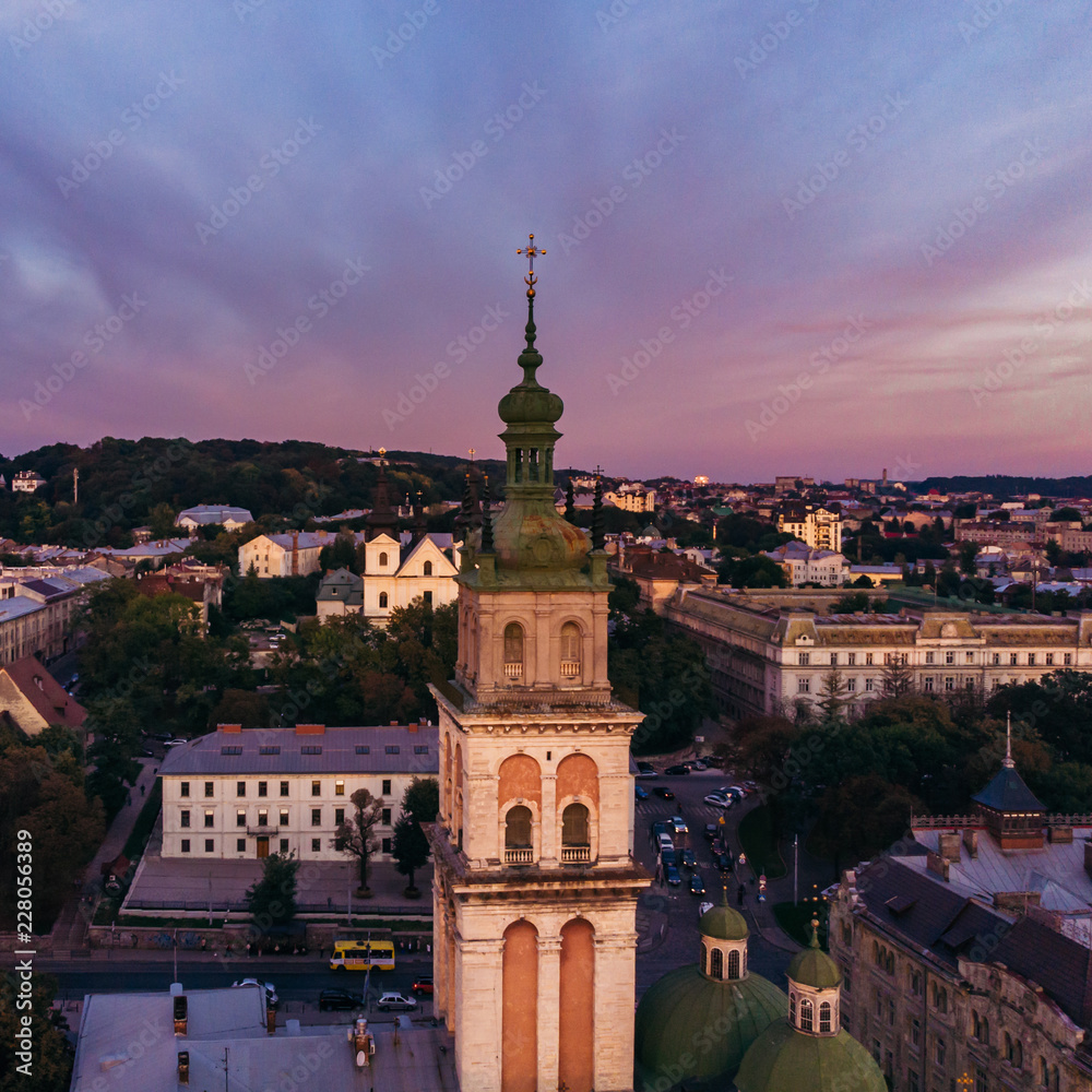 aerial view of sunset above european city aerial view of sunset above european city
