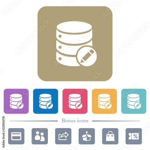 Database edit flat icons on color rounded square backgrounds