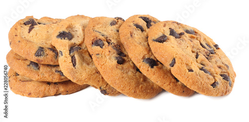 Chocolate chip cookies isolated on white background. Sweet biscuits. Homemade pastry.