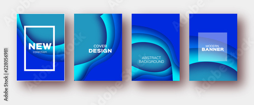4 Paper Cut Tunnel Wave Shapes. Layered curve Origami design for business presentations, flyers, posters. Set of four vertical banners. 3D abstract map carving. Text. Frame. Blue.
