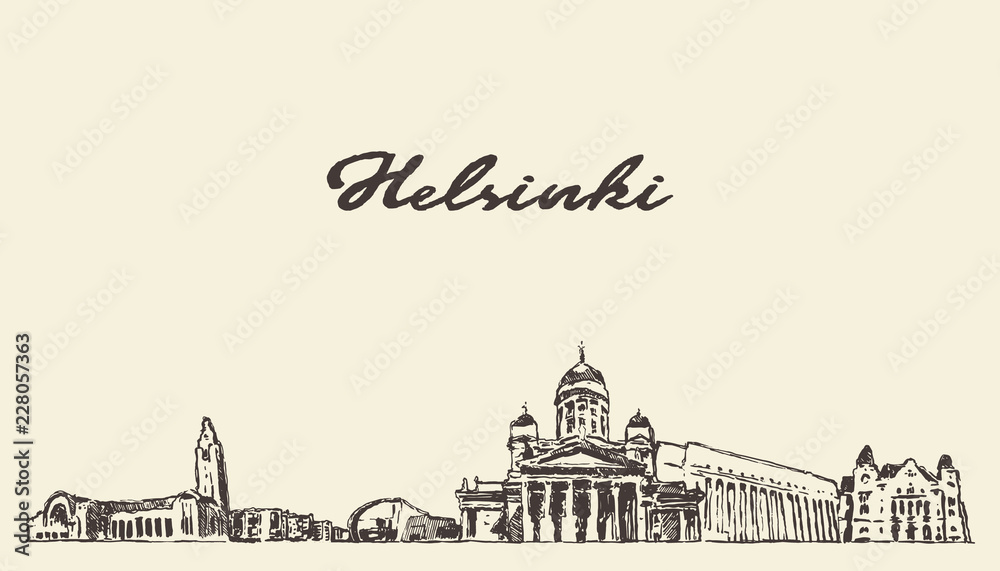 Helsinki skyline, Finland vector city drawn sketch