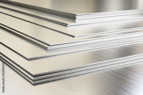 Steel sheets in warehouse, rolled metal product. 3d illustration. 