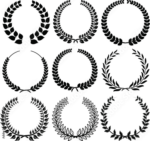 Round frame of laurel black silhouette set