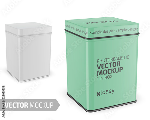 Square glossy tin can template. Realistic vector.