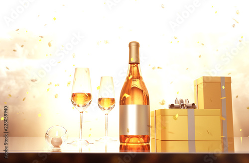 Scene of glasses of champagne bottle of champagne and gift boxes decorated for holidays celebration background 3d rendering