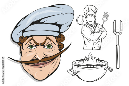 chef cook standing in a different pose, restaurant boss, cartoon chef in uniform, cook logo, chef hat, professional chef cook, head of kitchen, vector graphics to design