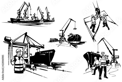 Sea gantry and jib cranes at the port. Docker brigadier with walkie-talkie. Dockworkers at a container terminal in the harbour.