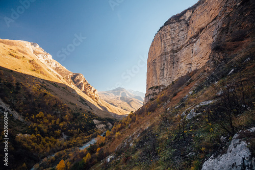 Large Chegem river canyon in sunny golden autumn, Republic of Kabardino-Balkaria, aerial view