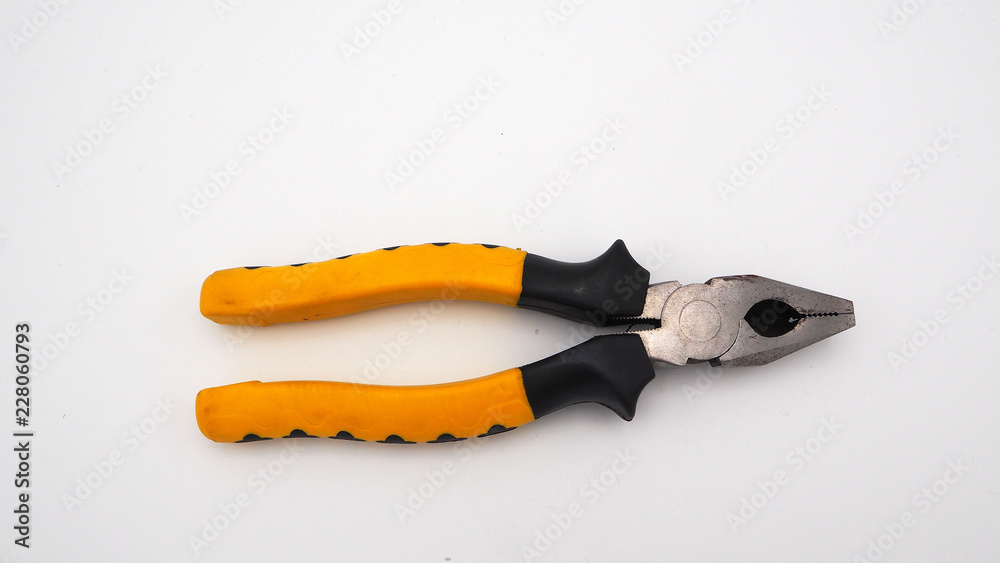 Obraz premium Pliers on white background top angle view, tool or equipment for repair ,maintenance for worker construction or at home .