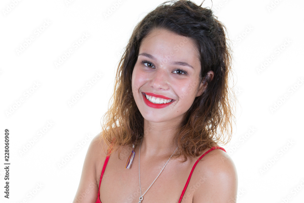Smiling attractive cheerful young woman on white background Smiling attractive cheerful young woman on white background