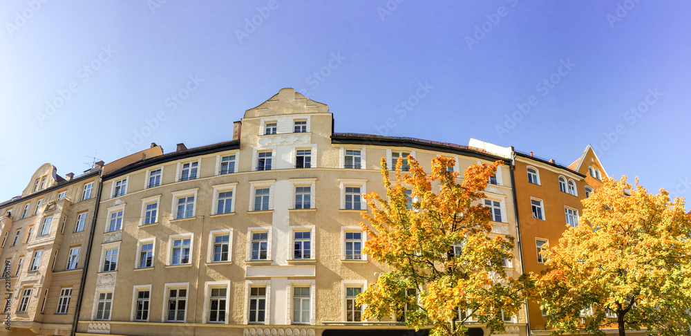 Facade of an old building in Art Nouveau Gründerzeit style, apartment building in the city after renovation