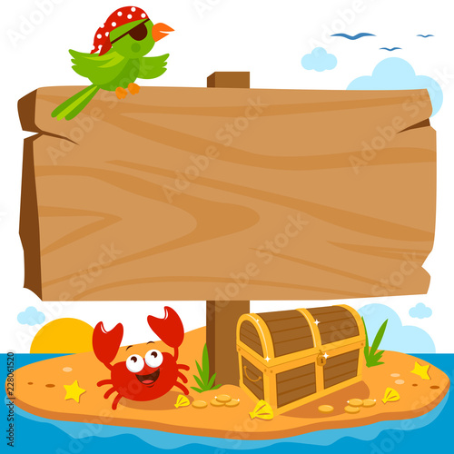 Wooden signpost on a pirate island with a treasure chest, a parrot and a crab. Vector illustration