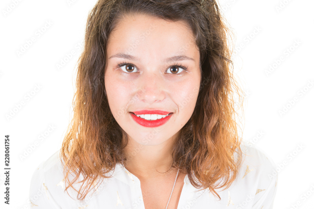 Portrait of smiling 30-year-old businesswoman on white Portrait of smiling 30-year-old businesswoman on white