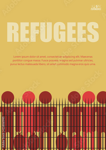 Migrants and refugees are standing behind closed and shut barrier, fence made of barbed wire. Eps10 vector illustration