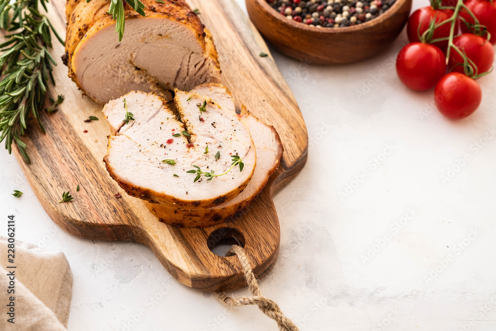 Christmas Turkey Breast Roll Stuffed with Cheese, Cranberries and Herbs, copy space. Christmas Turkey Breast Roll Stuffed with Cheese, Cranberries and Herbs, copy space.