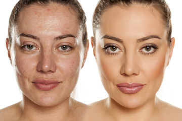 Makeover concept. Woman without and with makeup on white background