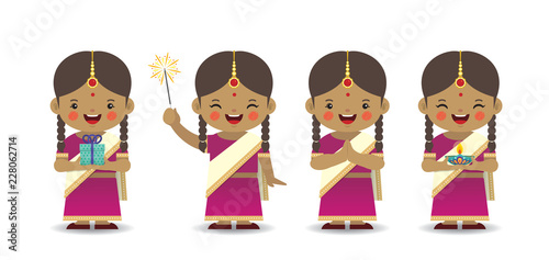 Set of cute cartoon indian girl in different pose isolated on white background. Diwali or Deepavali flat vector design.