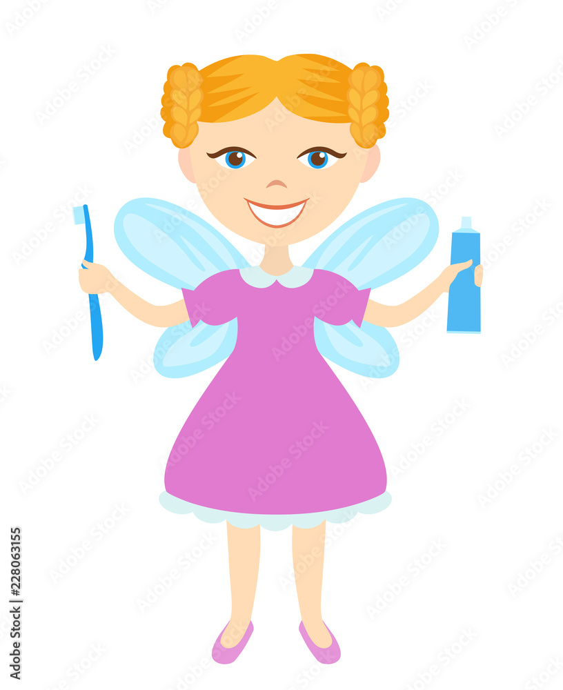 Tooth Fairy with toothbrush and toothpaste isolated on white background Tooth Fairy with toothbrush and toothpaste isolated on white background