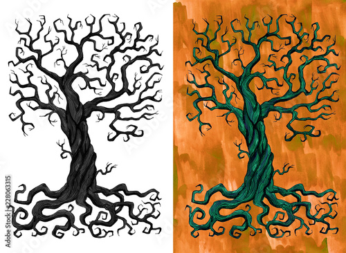 Mysterious scary tree with branches and roots isolated and against textured background. Hand drawn doodle graphic illustration with fantasy and mystic objects 
