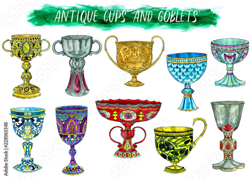 Antique cups and goblets isolated on white. Hand drawn doodle graphic illustration with fantasy and mystic objects