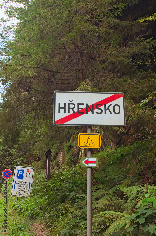 Hrensko sign. The text on sign: Hrensko (village name). End of settlement. Bohemian Switzerland national park. Czech Republic