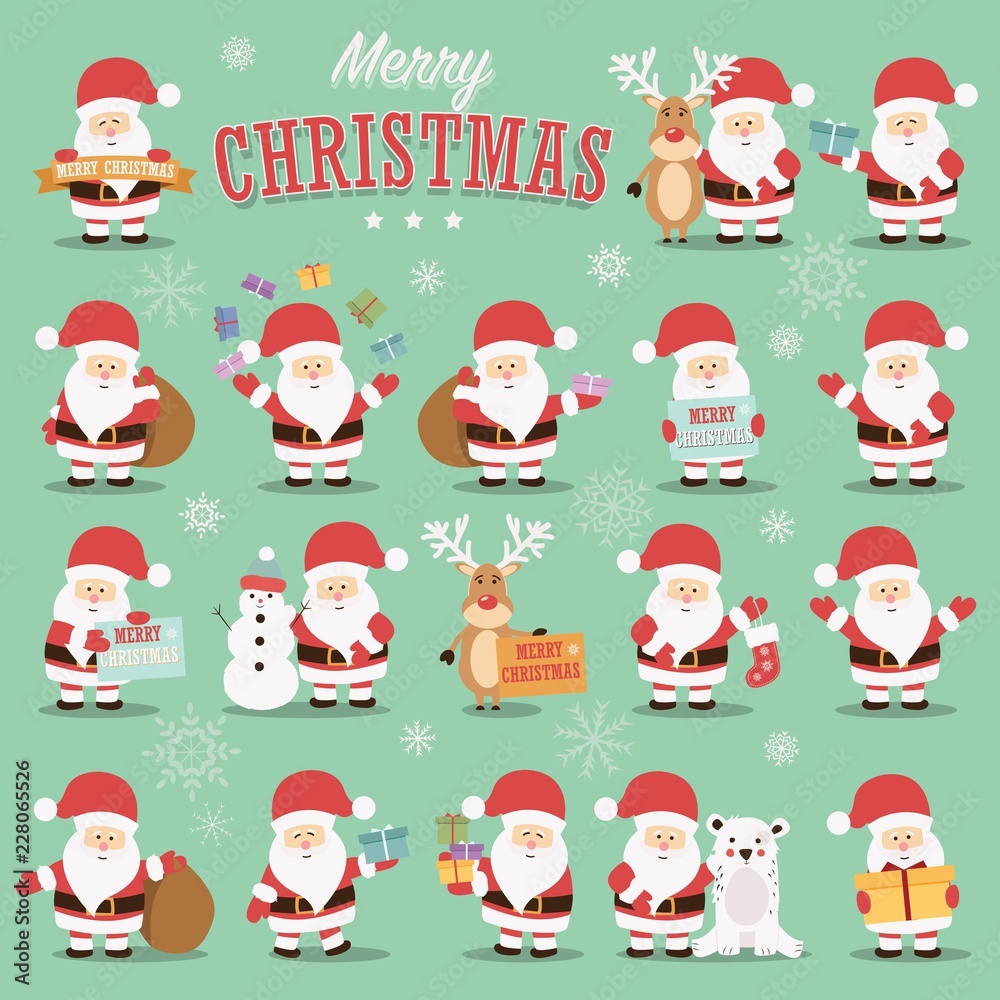 Collection of cute Santa Claus characters with reindeer, bear, snowman and gifts Collection of cute Santa Claus characters with reindeer, bear, snowman and gifts