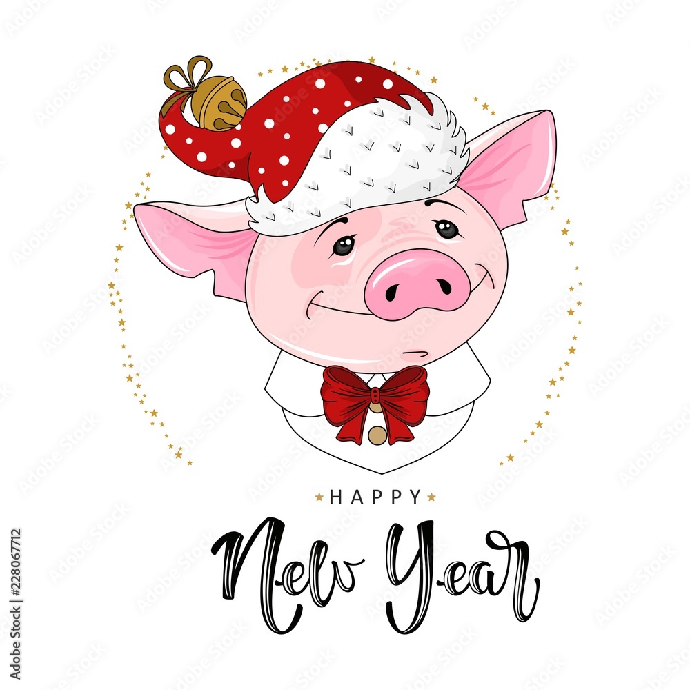 Obraz premium Cute festive pig with the inscription happy New Year. Vector illustration.