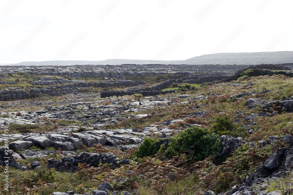 A view of the geological landscape of the Aran Islands with karst limestone rock created by glacier deposits