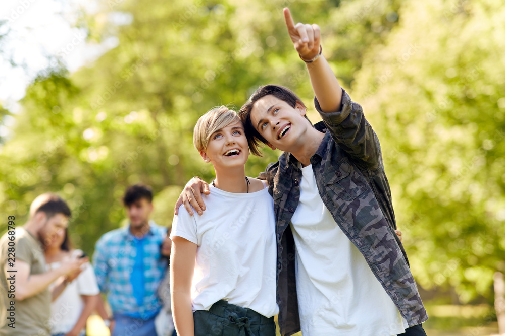 people and relationships concept - happy teenage couple hugging at summer park people and relationships concept - happy teenage couple hugging at summer park