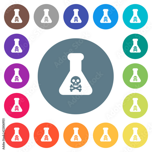 Dangerous chemical experiment flat white icons on round color backgrounds