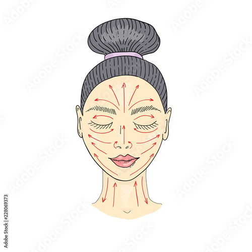 The girl s face with closed eyes and drawn massage lines, which is applied to the cream and facial massage is done.