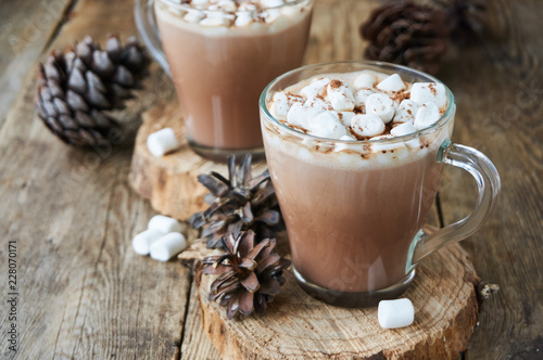 Cocoa with marshmallows in glass mugs on a wooden background