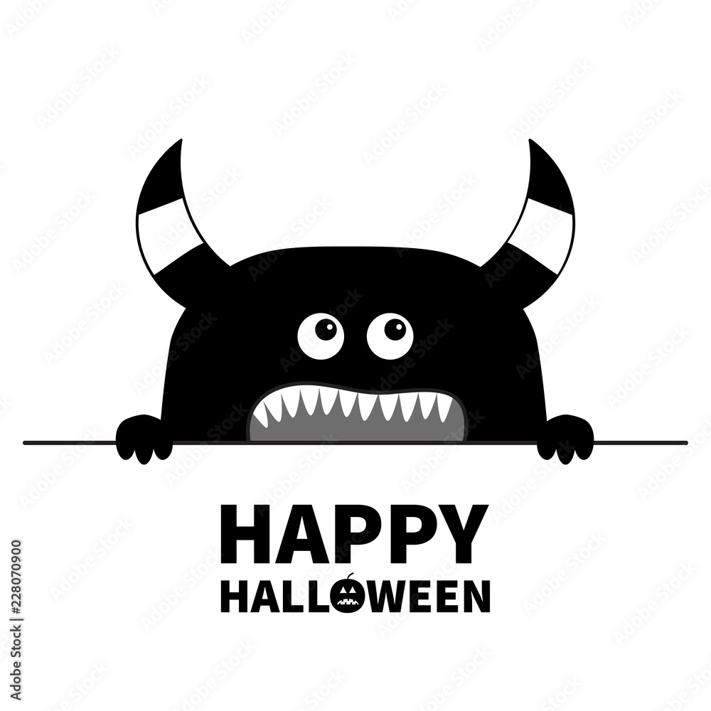 Happy Halloween. Monster scary face head icon. Hands paw holding line. Horns, fang teeth. Cute cartoon boo spooky character. Black silhouette. Kawaii funny baby. Flat design. White background Stock Vector | Adobe Happy Halloween. Monster scary face head icon. Hands paw holding line. Horns, fang teeth. Cute cartoon boo spooky character. Black silhouette. Kawaii funny baby. Flat design. White background Stock Vector | Adobe