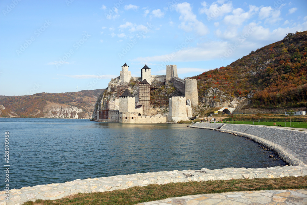 Golubac fortress on Danube river autumn season Serbia