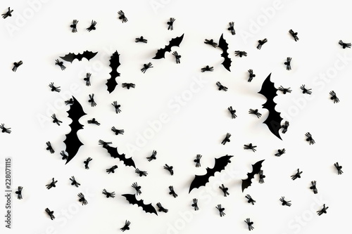 Halloween decorations concept. Halloween bats on white background. Flat lay, top view, copy space 