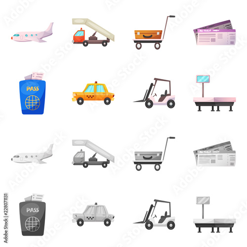 Vector illustration of airport and airplane logo. Collection of airport and plane stock symbol for web.