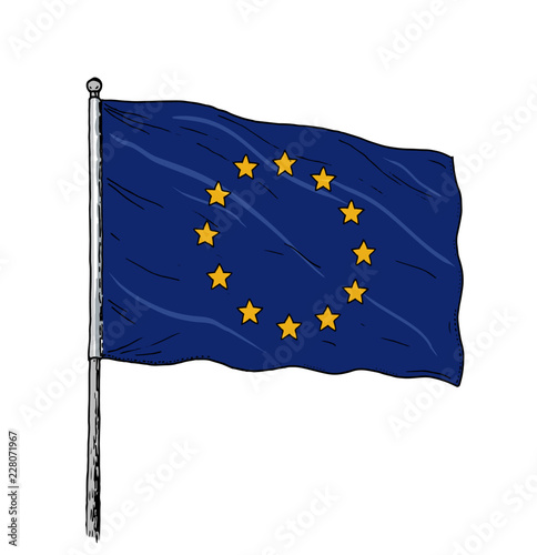 European Union flag drawing - vintage like illustration of flag of EU. Blue banner on white background.