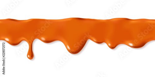 Seamless dripping caramel drops of sweet sauce isolated on white background. Orange or brown paint stains design. Vector illustration. Realistic horizontal border