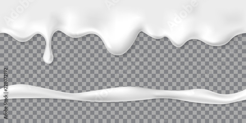 Seamless dripping white cream or yoghurt drops. Vector paint stain or yogurt splash illustration for background design. Realistic milk horizontal border. Mayonnaise repeatable blobs