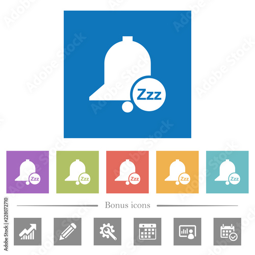 Reminder snooze flat white icons in square backgrounds