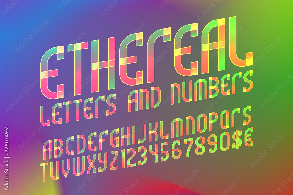 Ethereal alphabet with numbers and currency symbols. Colorful translucent font on iridescent background.