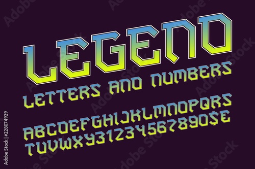 Legend alphabet with numbers and currency signs. Stylish rocker font.