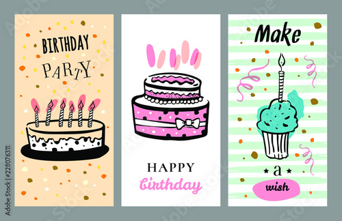 Set of birthday card design templates with cakes and cupcakes. Hand drawn cartoon vector sketch illustration