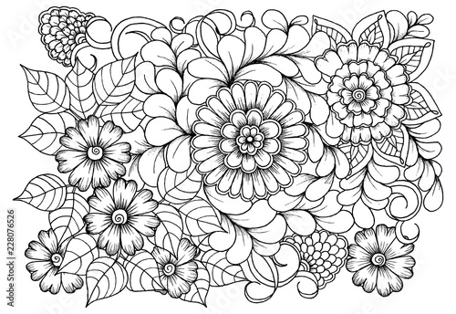 Page for coloring book. Outline flowers. Doodles in black and white