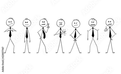 Cartoon stick drawing conceptual illustration of group or team of businessmen or politicians in angry poses. They are facing camera and showing different expression of anger.