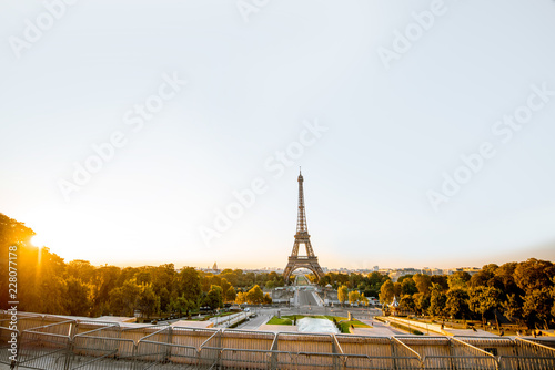 Landscape view on the Eiffel tower from Trocadero square during the sunrise in Paris